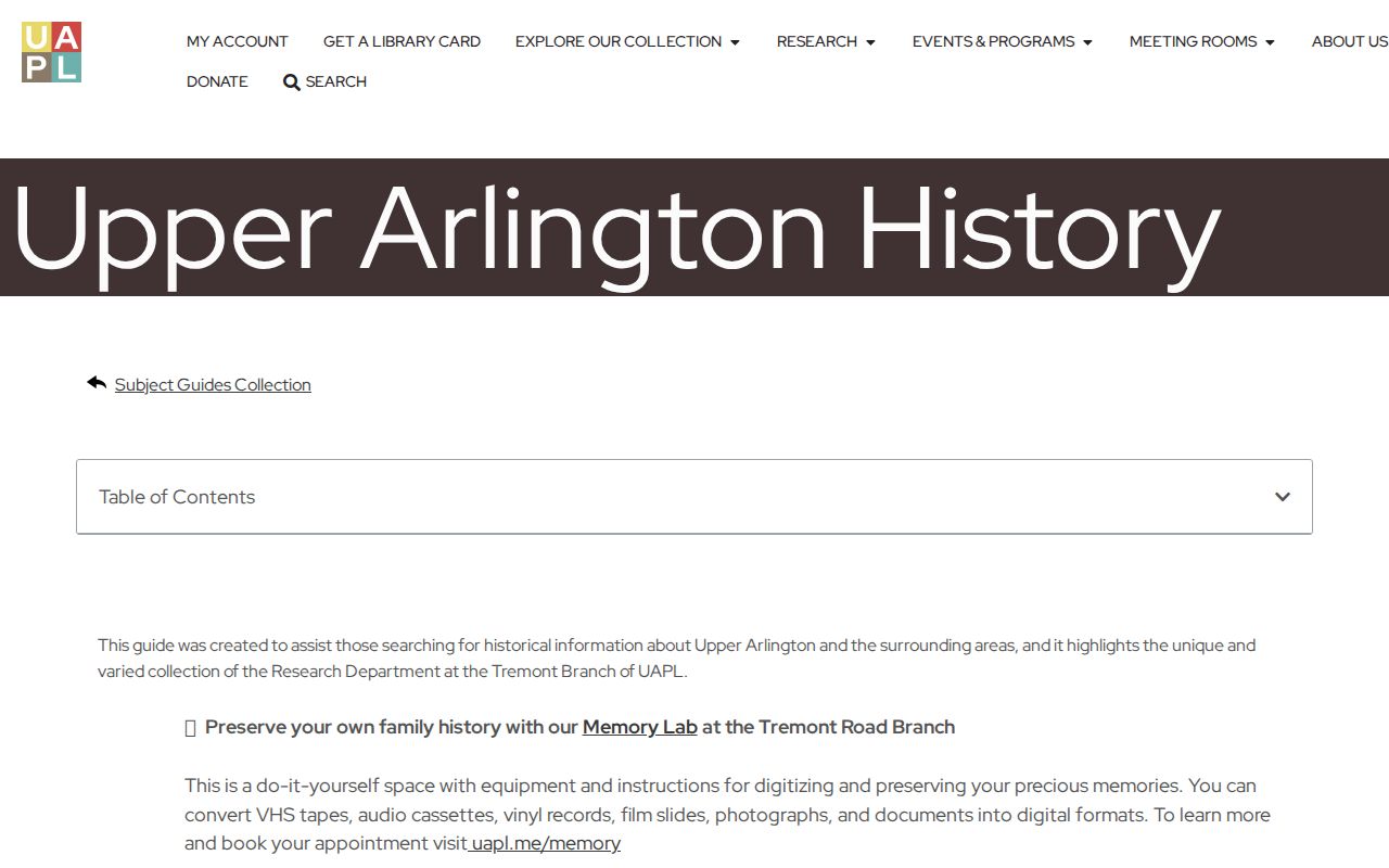 Upper Arlington city directory local history guide at the public library