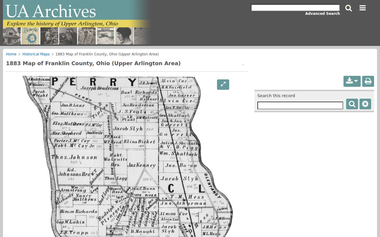 Upper Arlington previous residents research, 1883 historical area map
